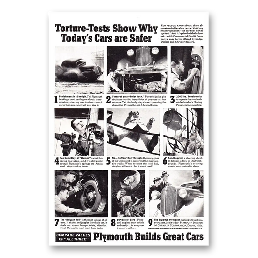 1938 Plymouth Torture Tests Show Why Todays Cars are Safer Vintage Magazine Print Ad