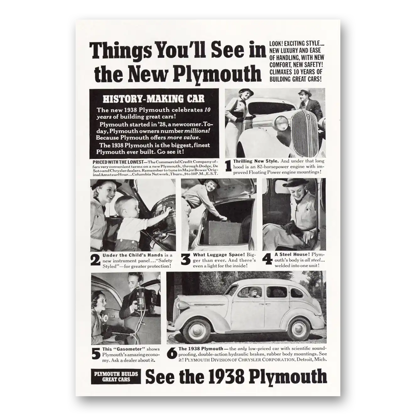 1938 Plymouth History Making Car Vintage Magazine Print Ad