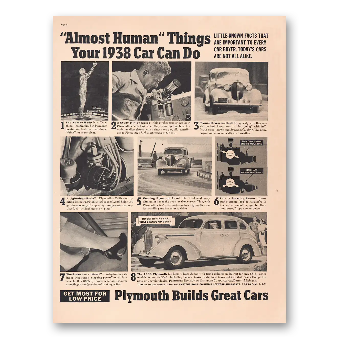 1938 Plymouth Sedan Almost Human Things You Care Can Do Vintage Magazine Print Ad