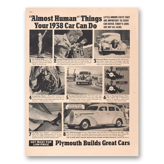 1938 Plymouth Sedan Almost Human Things You Care Can Do Vintage Magazine Print Ad