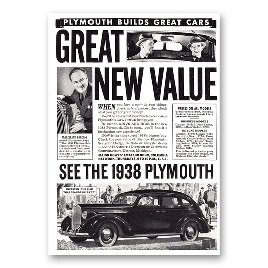 1938 Plymouth Sedan Great New Value McClelland Barclay Vintage Magazine Print Ad