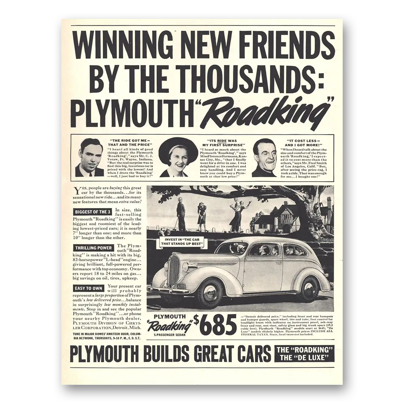 1938 Plymouth Roadking Winning New Friends Vintage Magazine Print Ad