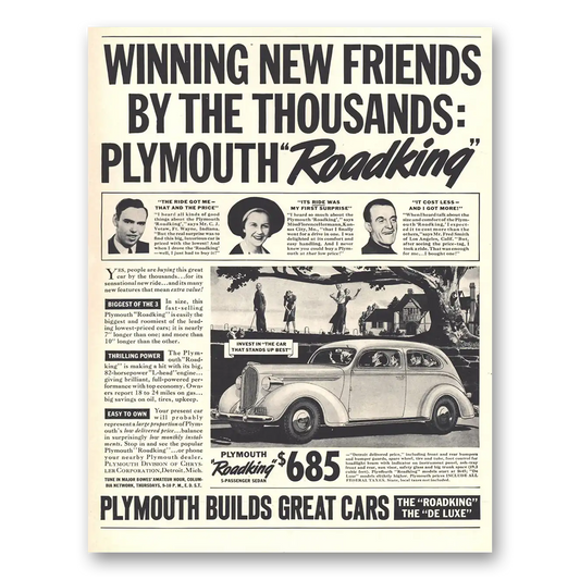 1938 Plymouth Roadking Winning New Friends Vintage Magazine Print Ad