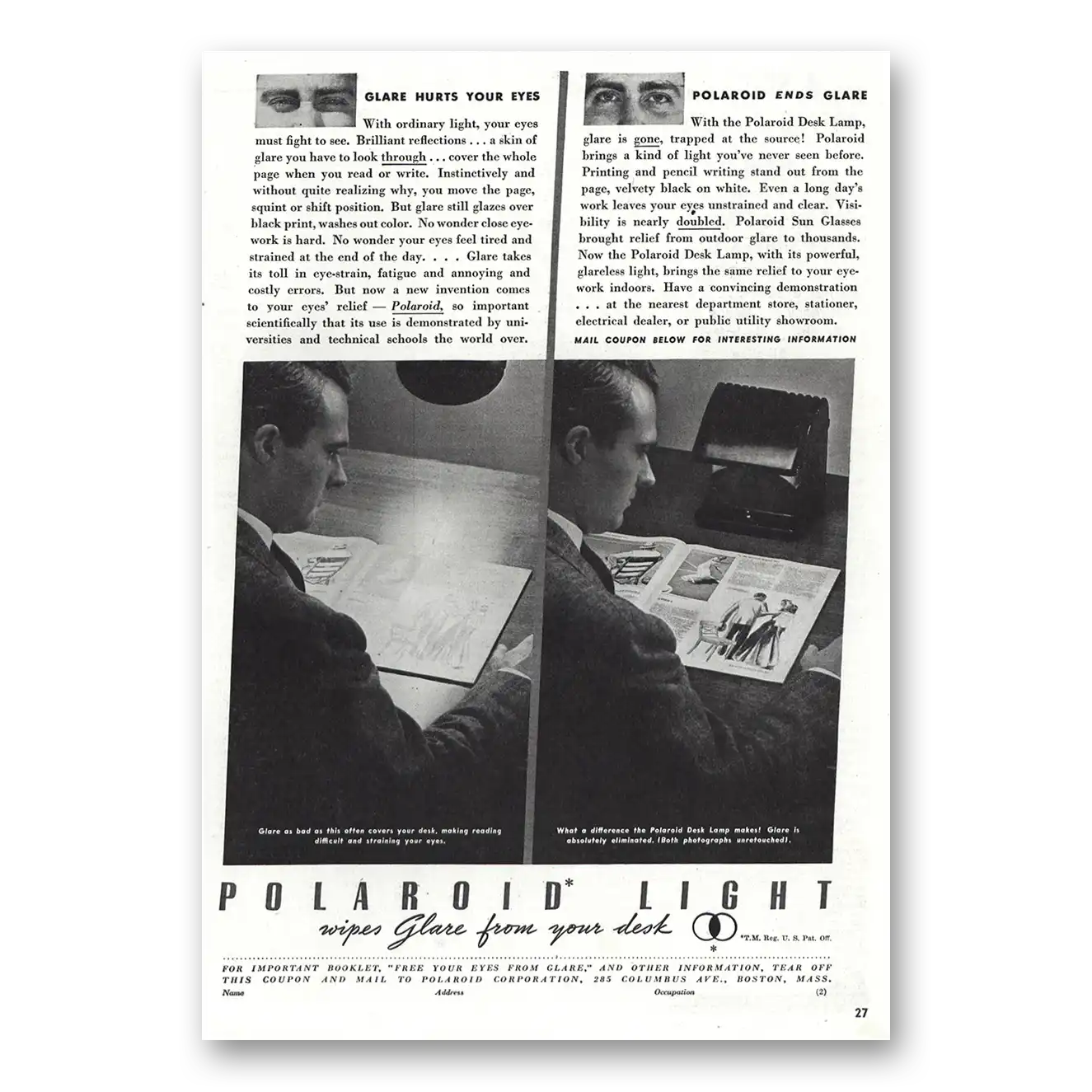 1938 Polaroid Light Wipes Glare From Desk Vintage Magazine Print Ad