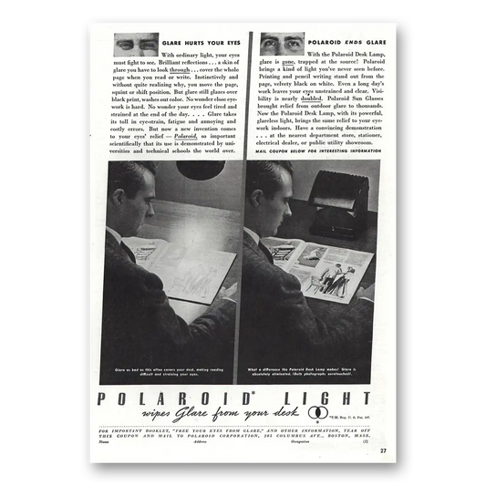 1938 Polaroid Light Wipes Glare From Desk Vintage Magazine Print Ad