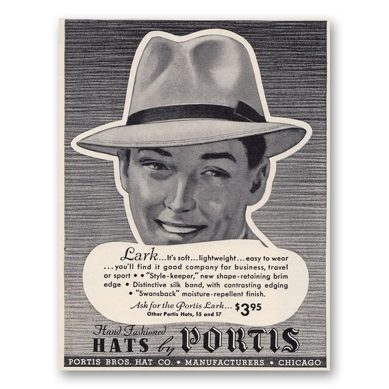 1938 Portis Lark Hat Soft Lightweight Easy to Wear Vintage Magazine Print Ad