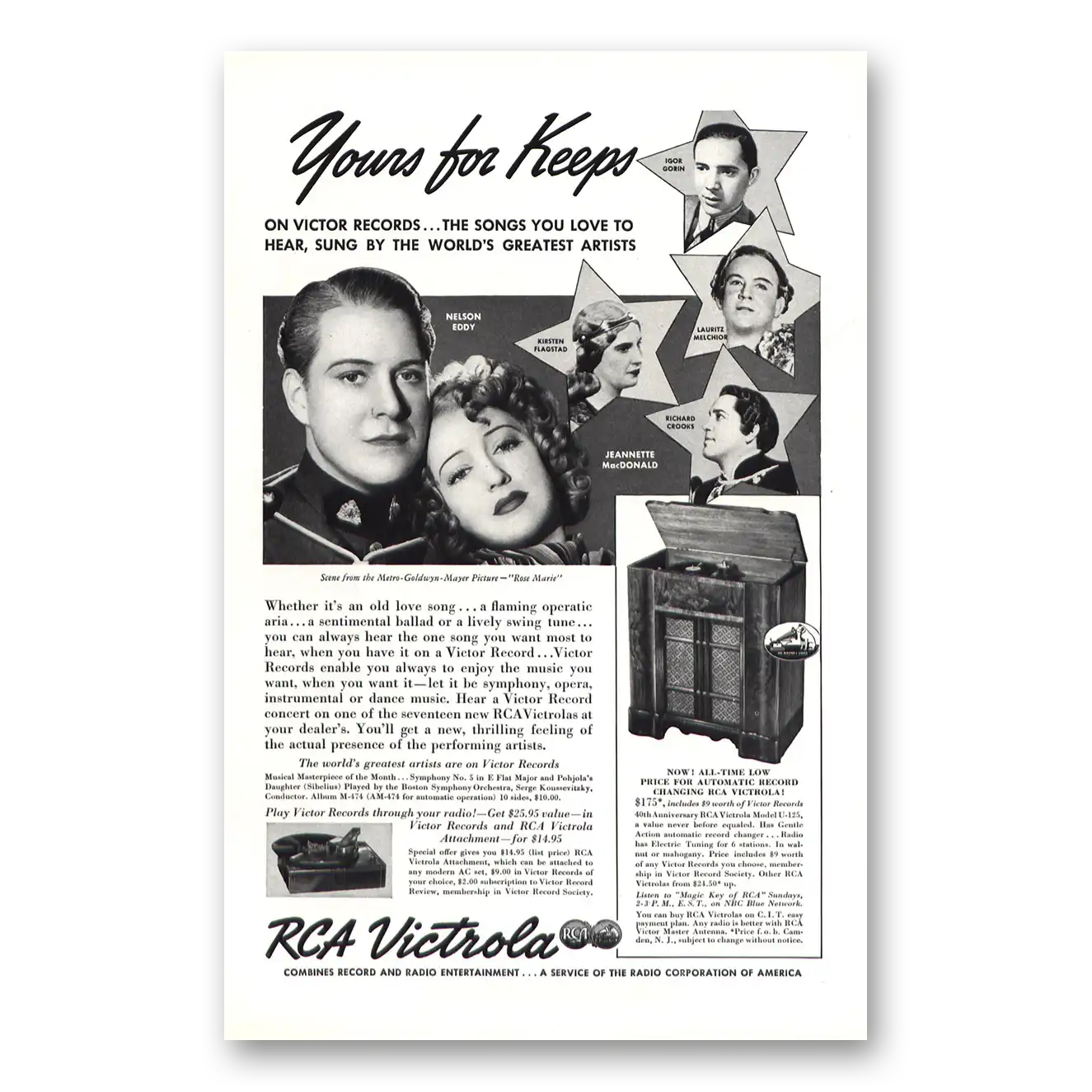 1938 Victor Records Victrola Nelson Eddy and Jeannette MacDonald Vintage Magazine Print Ad