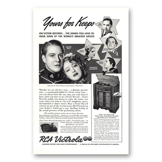 1938 Victor Records Victrola Nelson Eddy and Jeannette MacDonald Vintage Magazine Print Ad