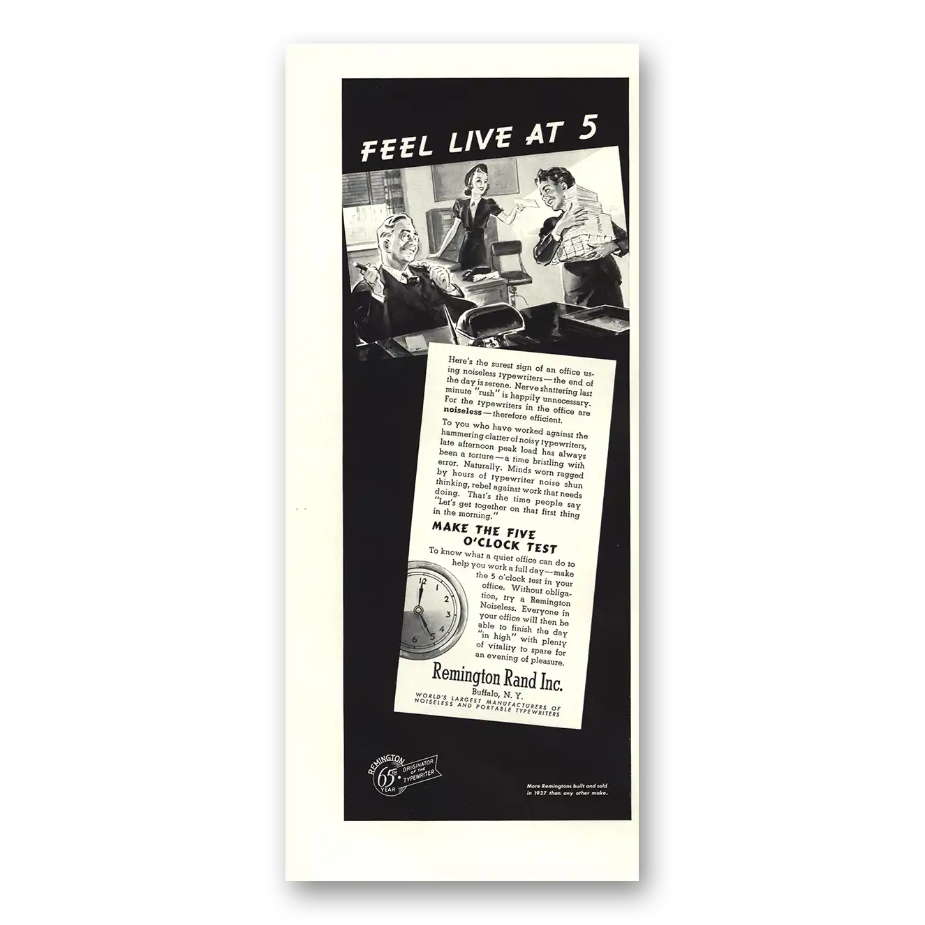 1938 Remington Typewriter Feel Live at 5 Vintage Magazine Print Ad