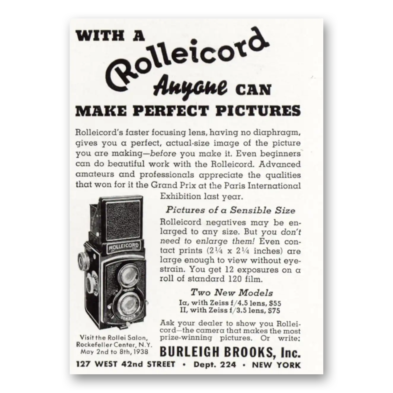 1938 Rolleicord Camera Anyone Can Make Perfect Pictures Vintage Magazine Print Ad