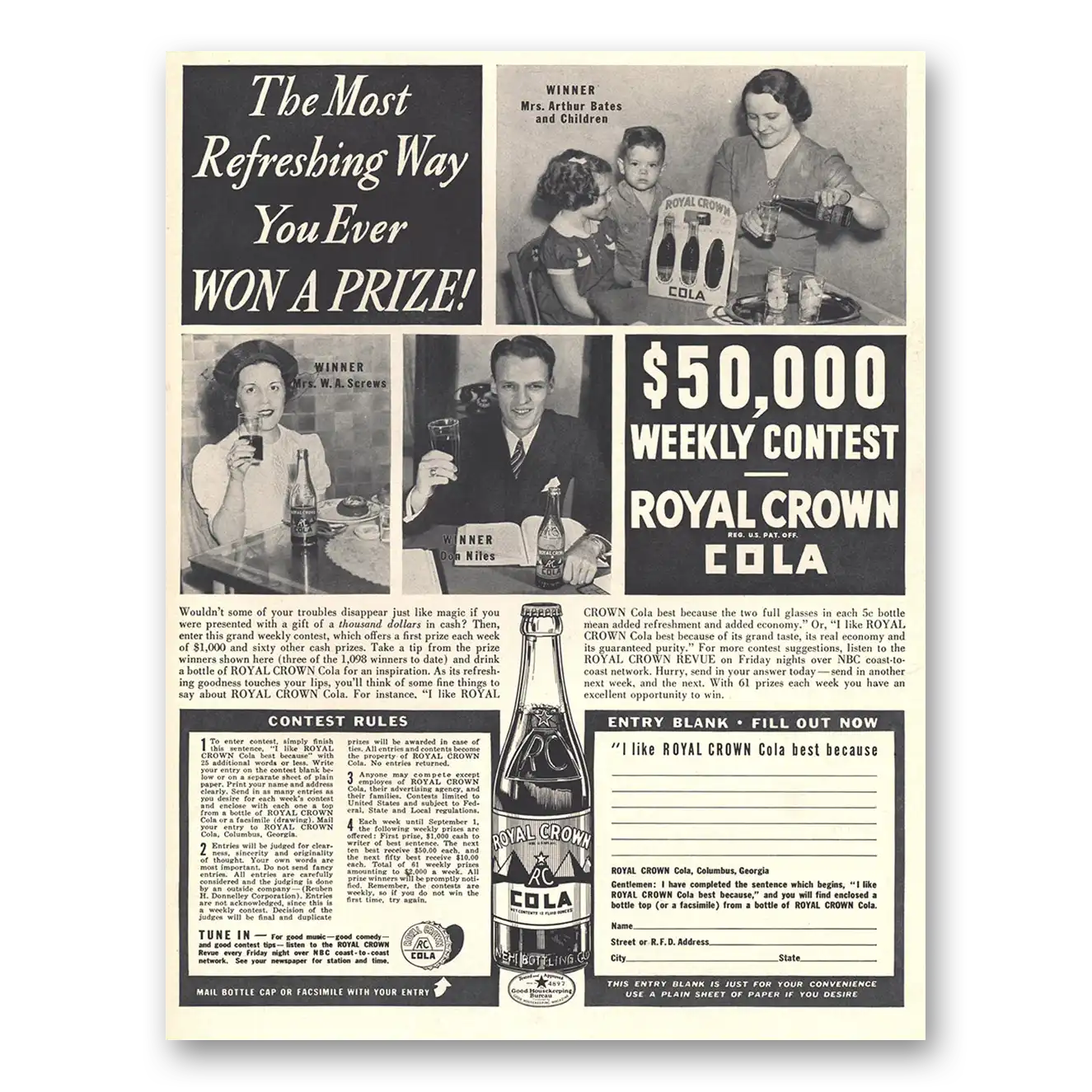 1938 Royal Crown Cola Most Refreshing Way You Ever Won a Prize Vintage Magazine Print Ad