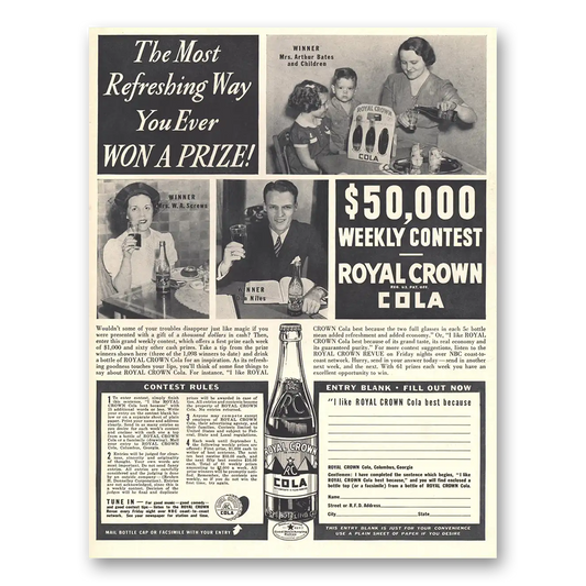 1938 Royal Crown Cola Most Refreshing Way You Ever Won a Prize Vintage Magazine Print Ad