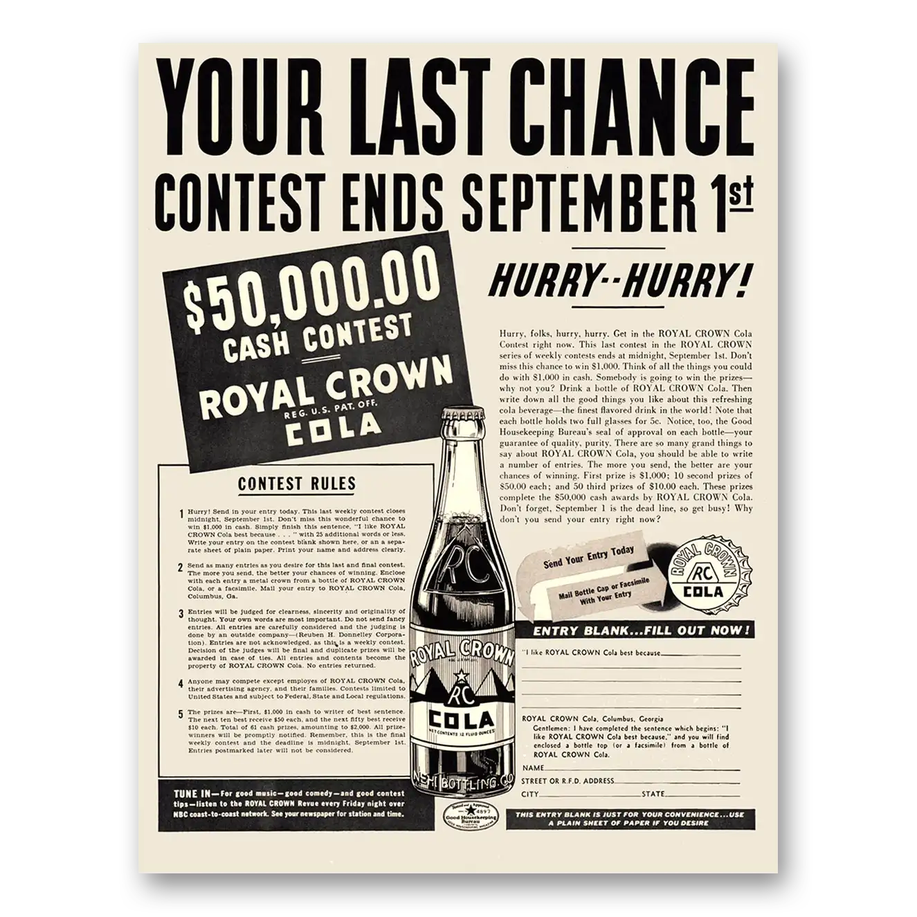 1938 Royal Crown Cola Your Last Chance Contest Vintage Magazine Print Ad