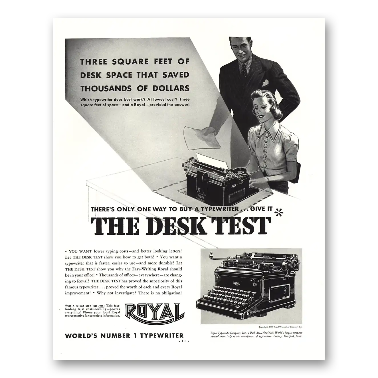 1938 Royal Typewriter Desk Test Vintage Magazine Print Ad