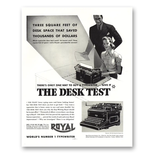 1938 Royal Typewriter Desk Test Vintage Magazine Print Ad