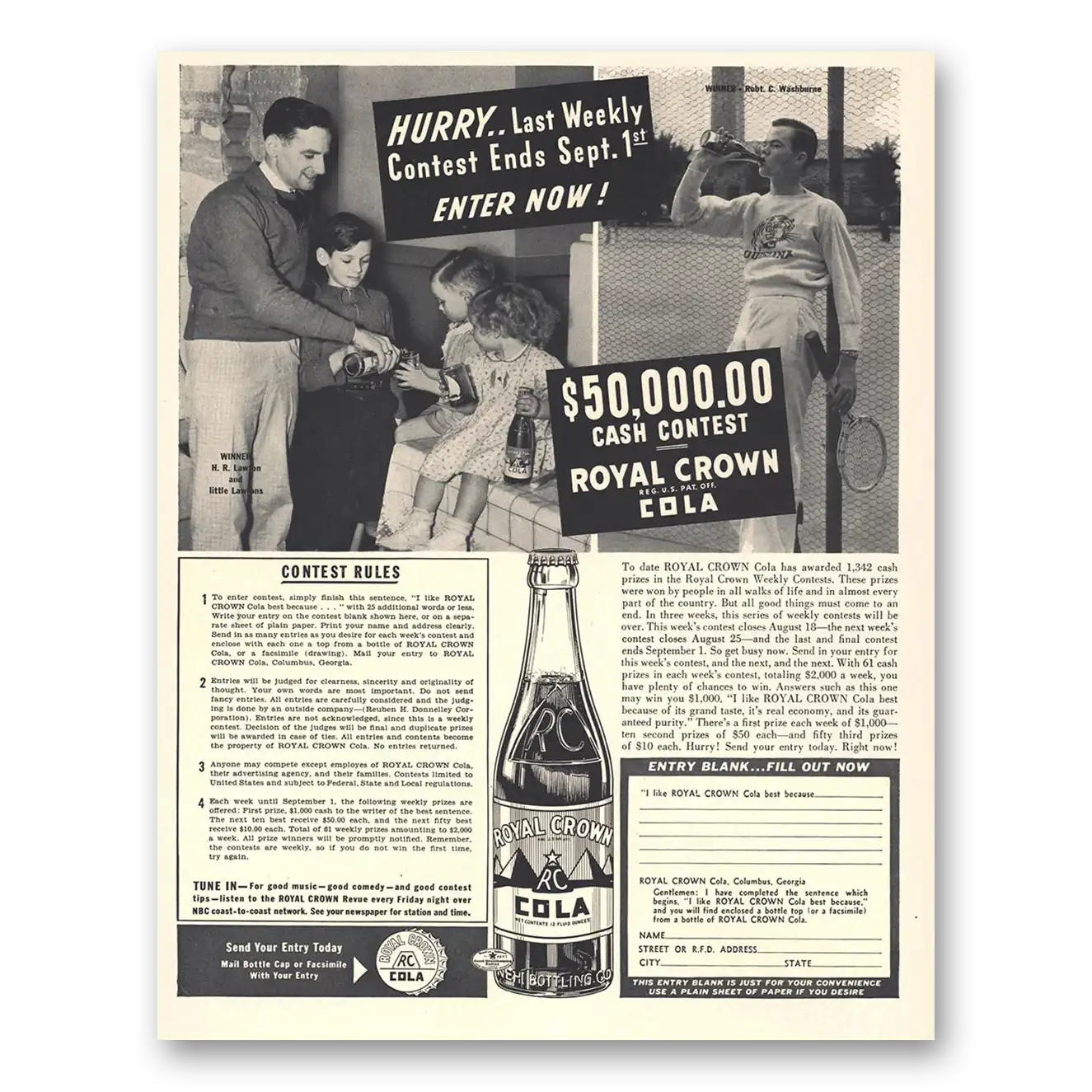 1938 Royal Crown Cola Last Weekly Contest Lawton Vintage Magazine Print Ad