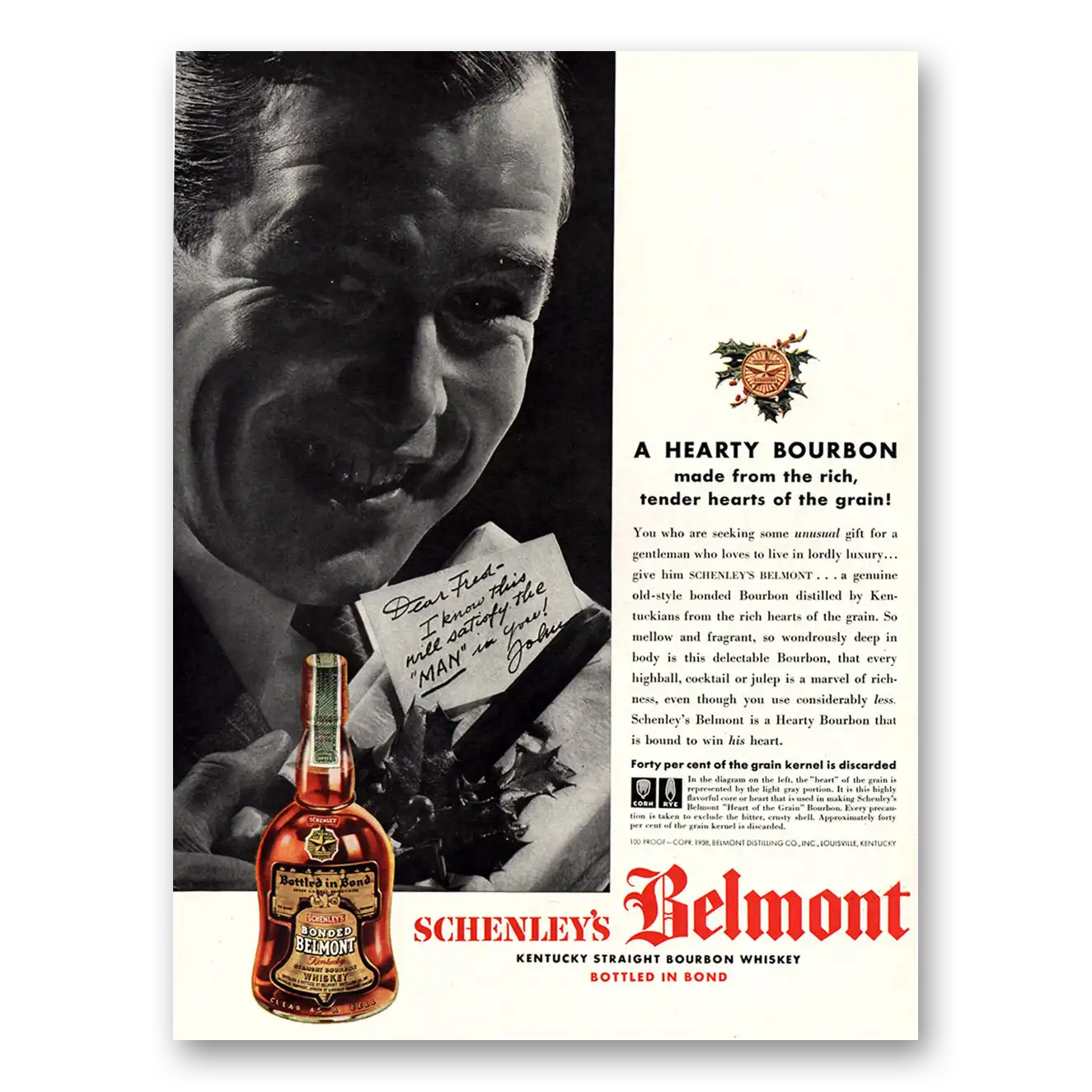 1938 Belmont Whiskey Hearty Bourbon Vintage Magazine Print Ad