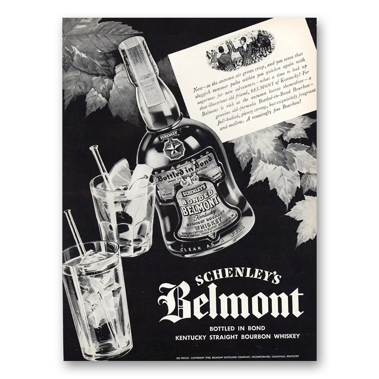 1938 Belmont Whiskey Autumn Air Grows Crisp Vintage Magazine Print Ad