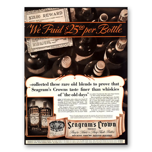 1938 Seagrams Crown Whiskies Crown We Paid 25 Per Bottle Vintage Magazine Print Ad