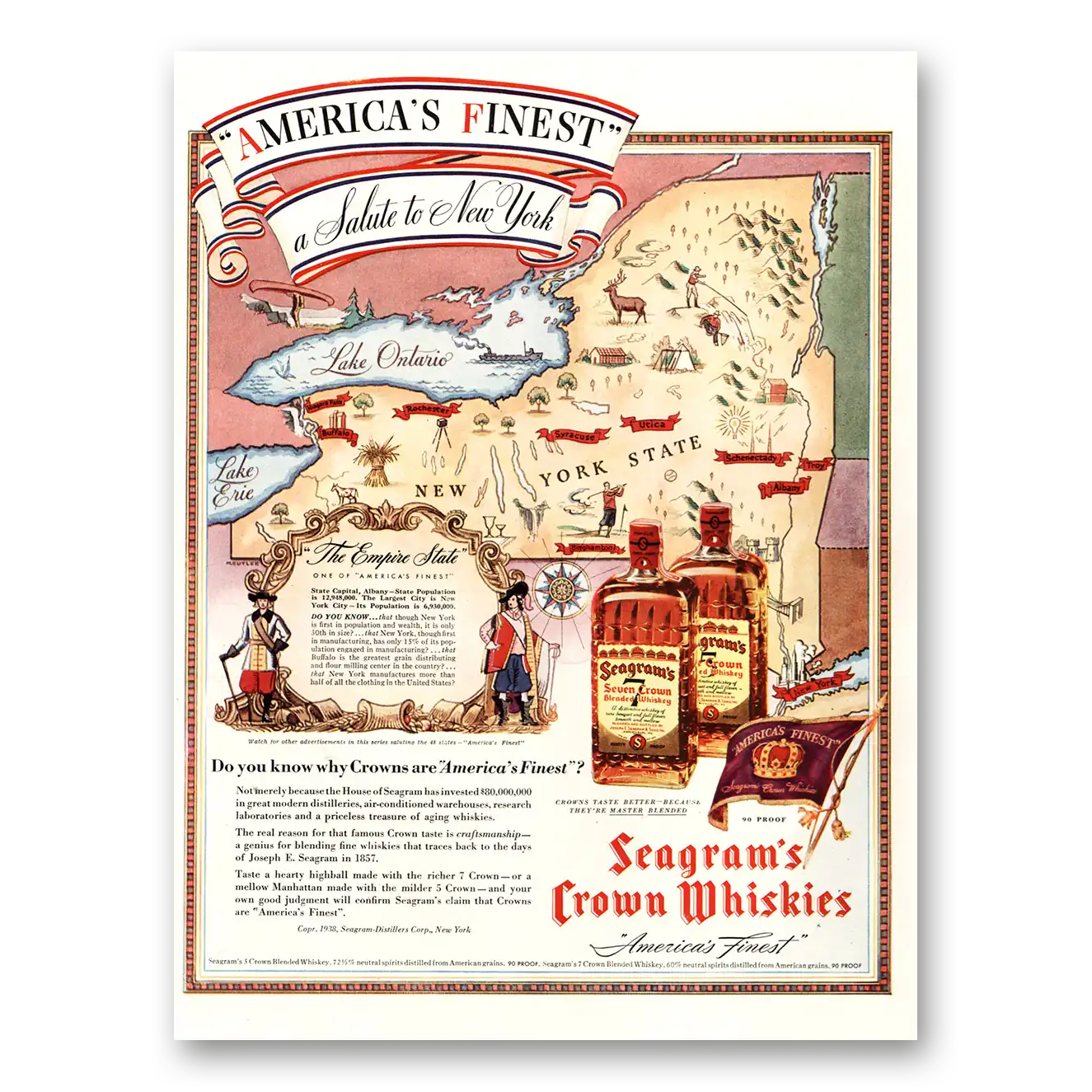 1938 Seagrams Crown Whiskies Seven Crown Salute to New York Vintage Magazine Print Ad