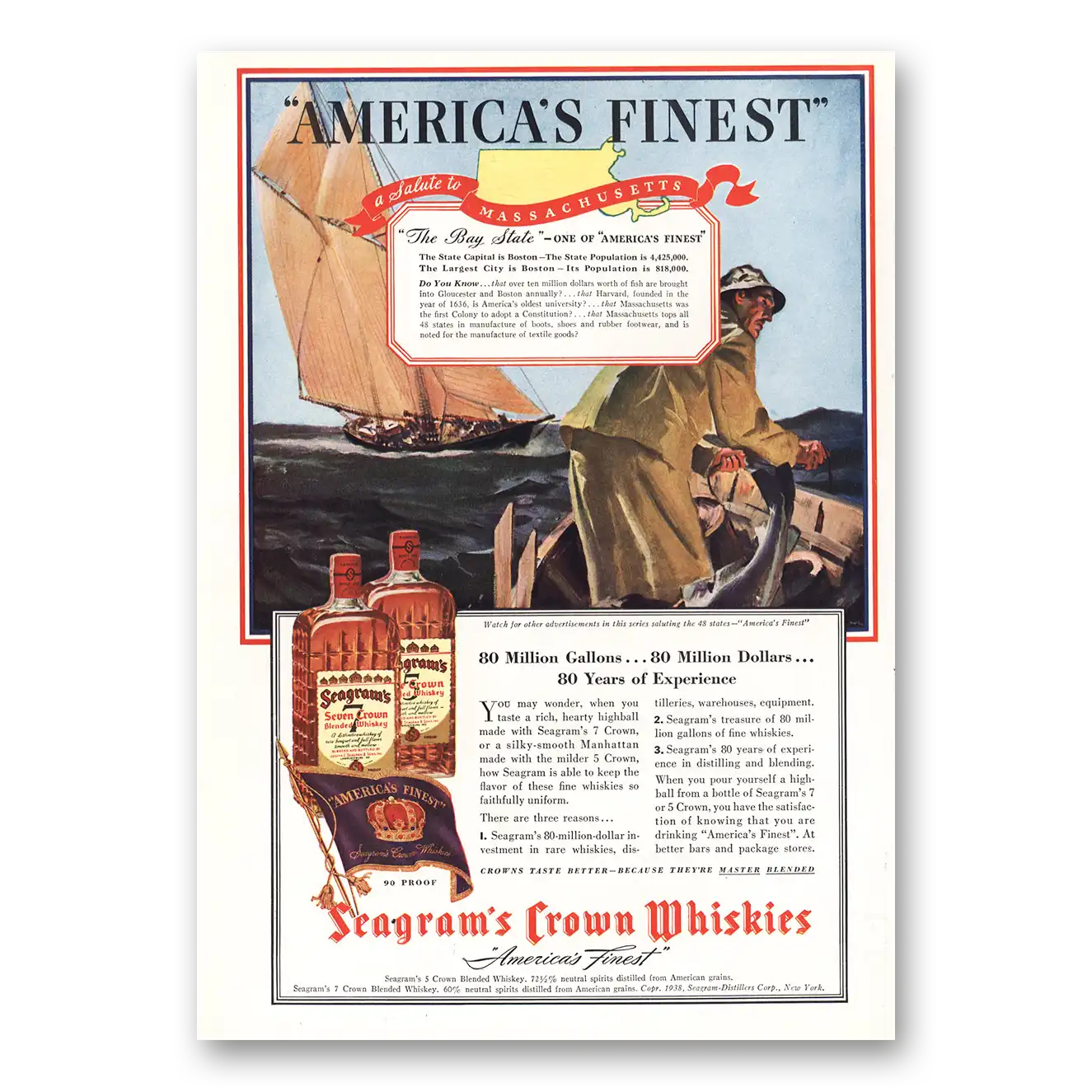 1938 Seagrams Crown Whiskies Bay State Vintage Magazine Print Ad