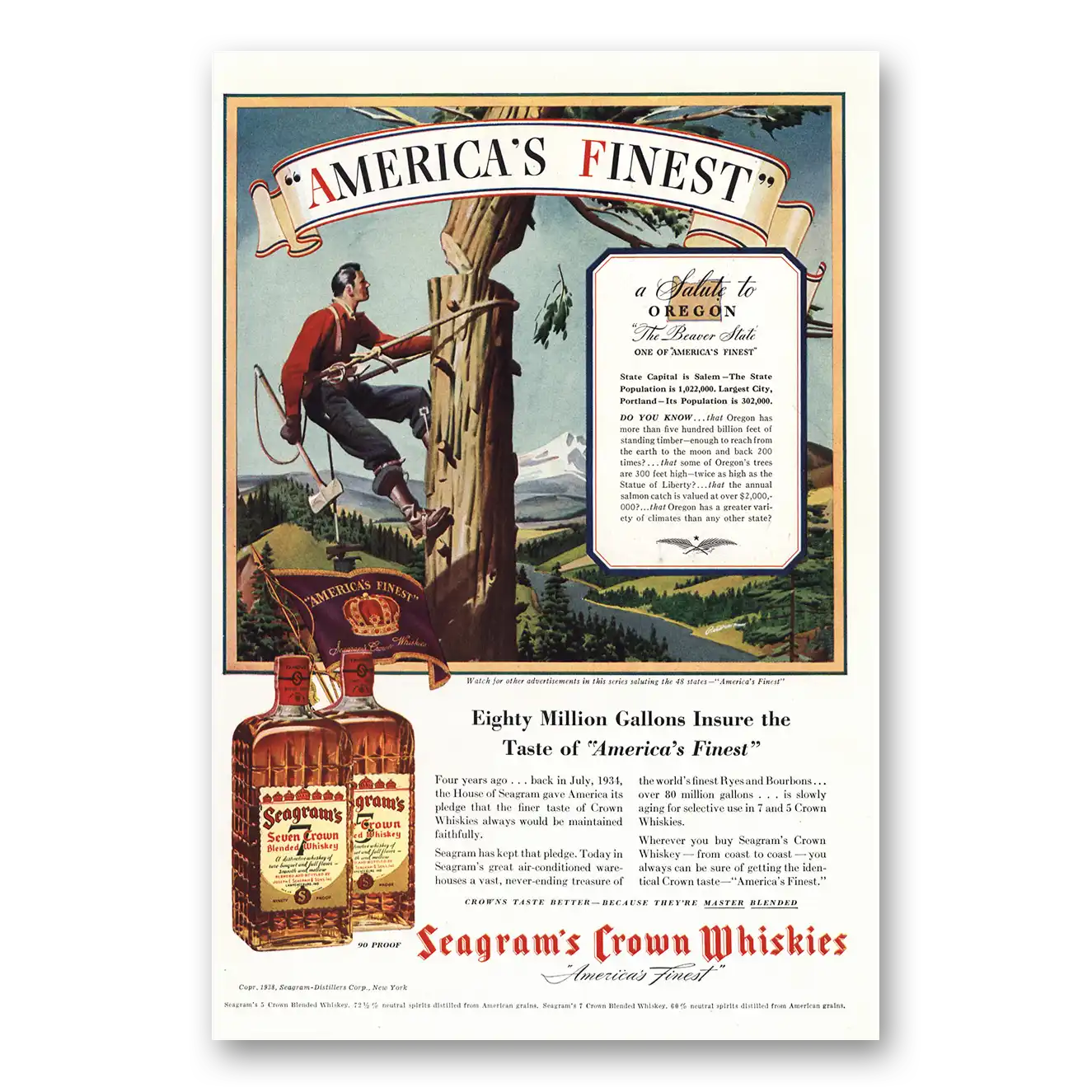 1938 Seagrams Crown Whiskies Salute to Oregon Vintage Magazine Print Ad