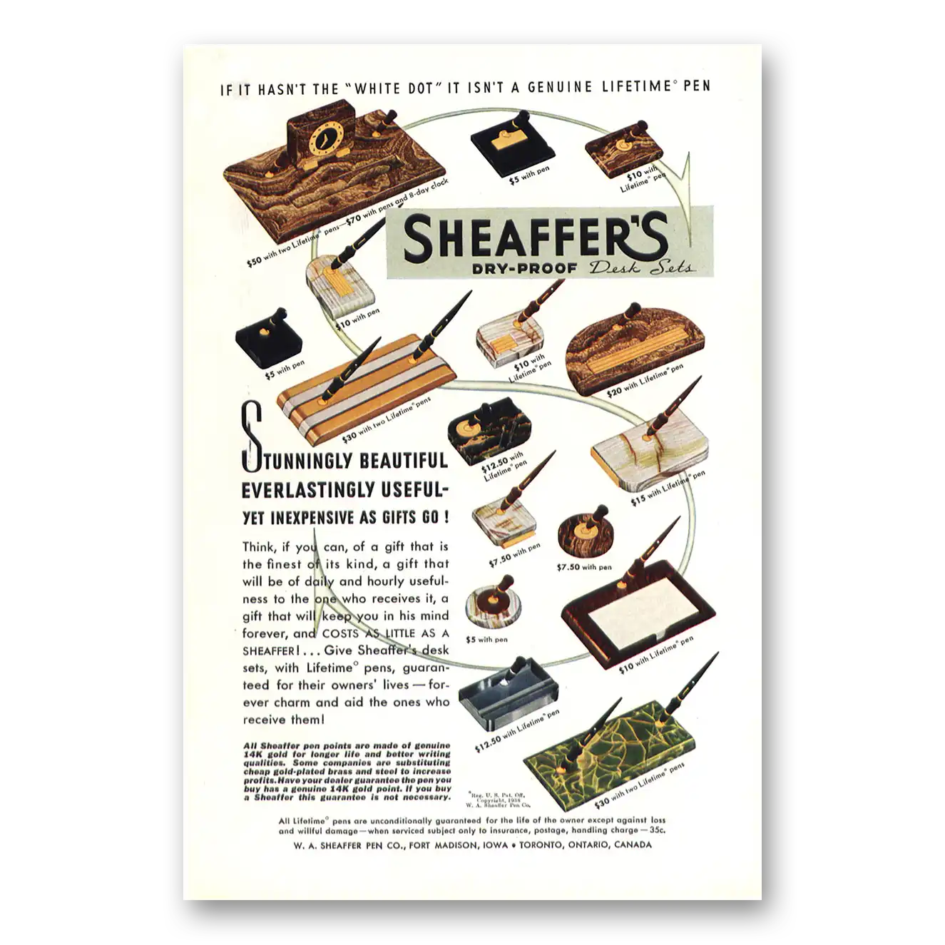 1938 Sheaffers Fountain Pen Desk Sets Stunningly Beautiful Vintage Magazine Print Ad