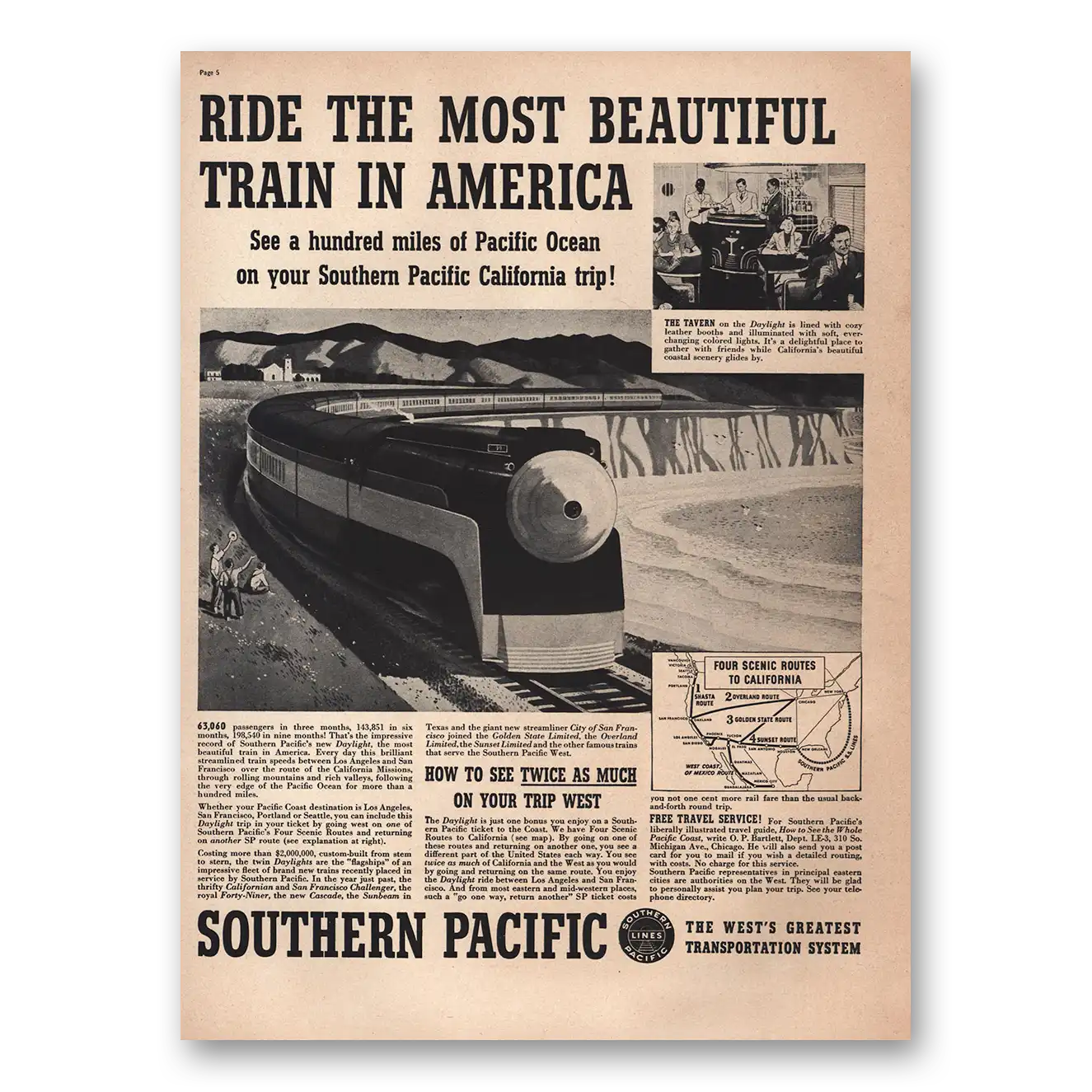 1938 Southern Pacific Most Beautiful Train In America Vintage Magazine Print Ad