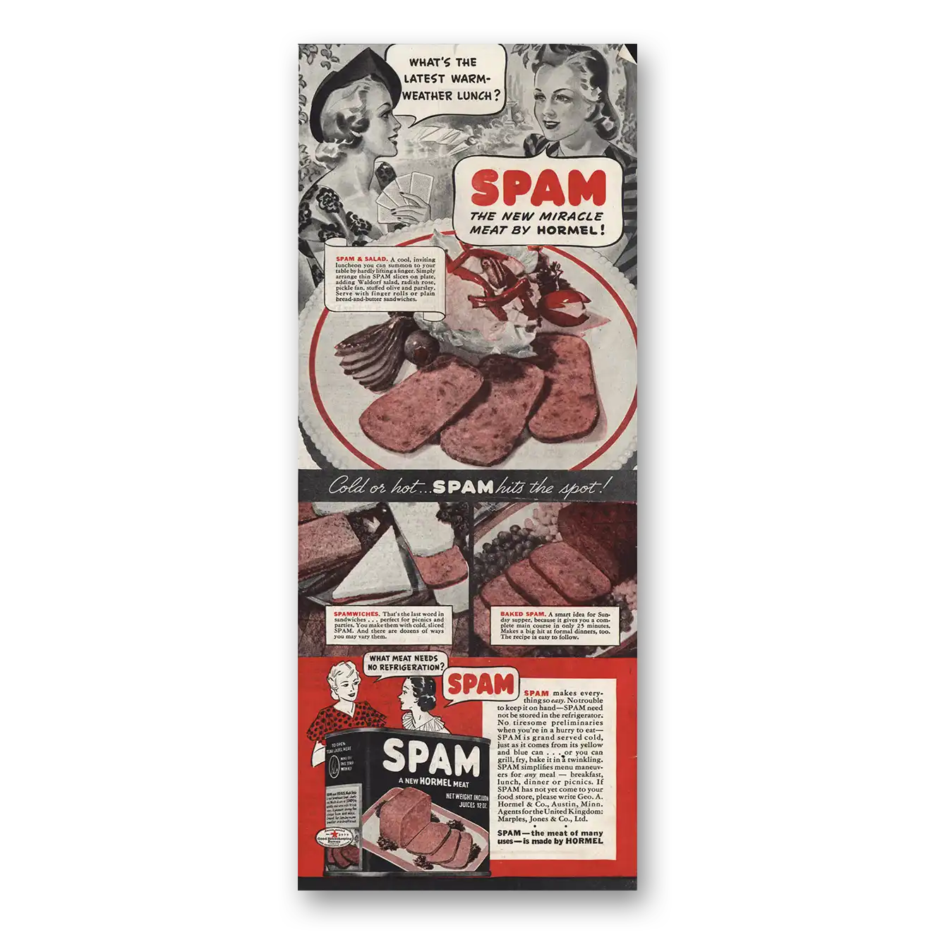 1938 Spam Latest Warm Weather Lunch Vintage Magazine Print Ad