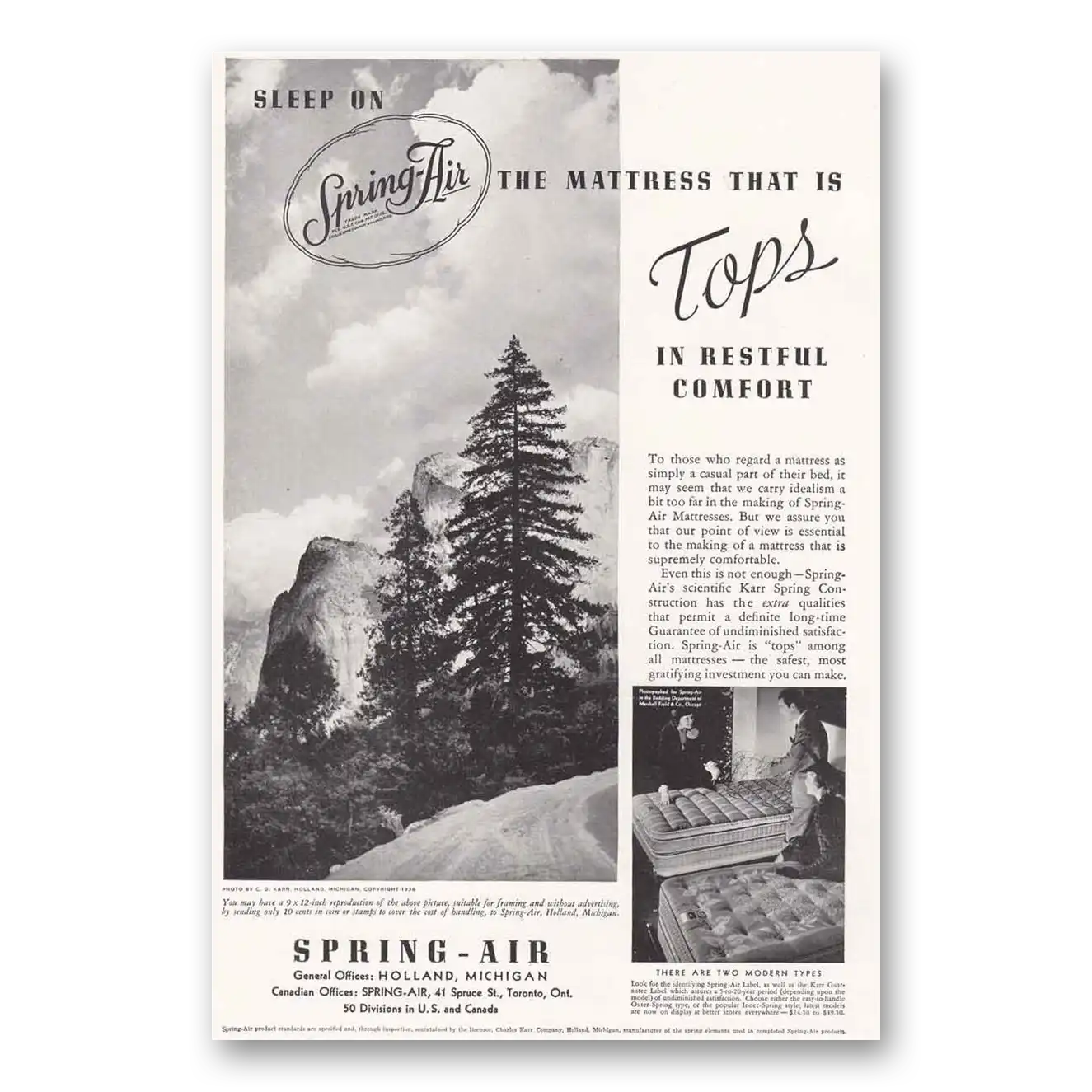 1938 Spring Air Mattress Tops in Restful Comfort Vintage Magazine Print Ad