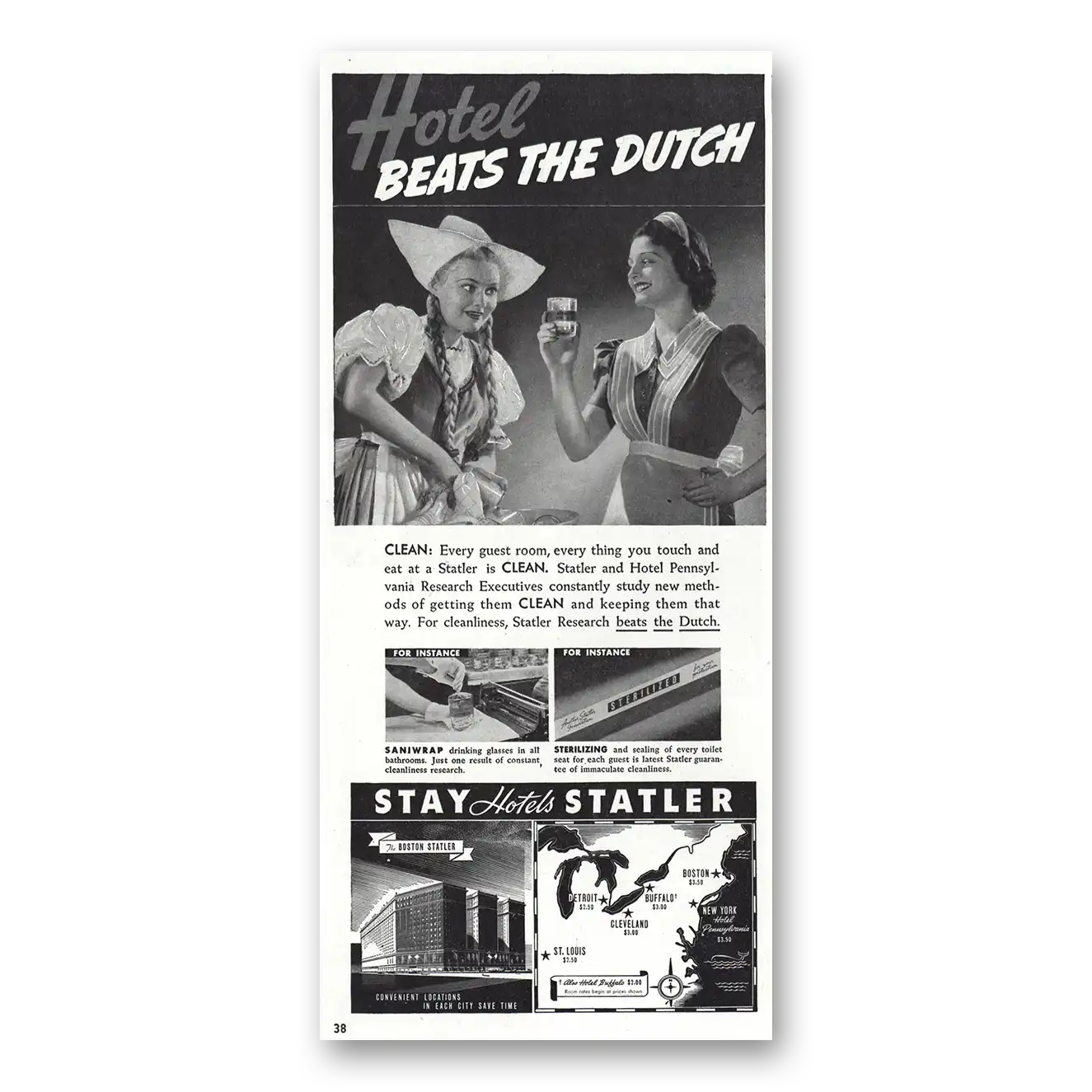 1938 Statler Hotels Beats the Dutch Vintage Magazine Print Ad