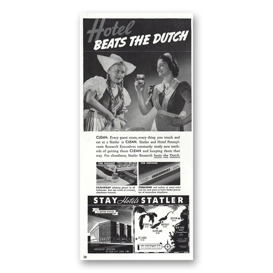 1938 Statler Hotels Beats the Dutch Vintage Magazine Print Ad