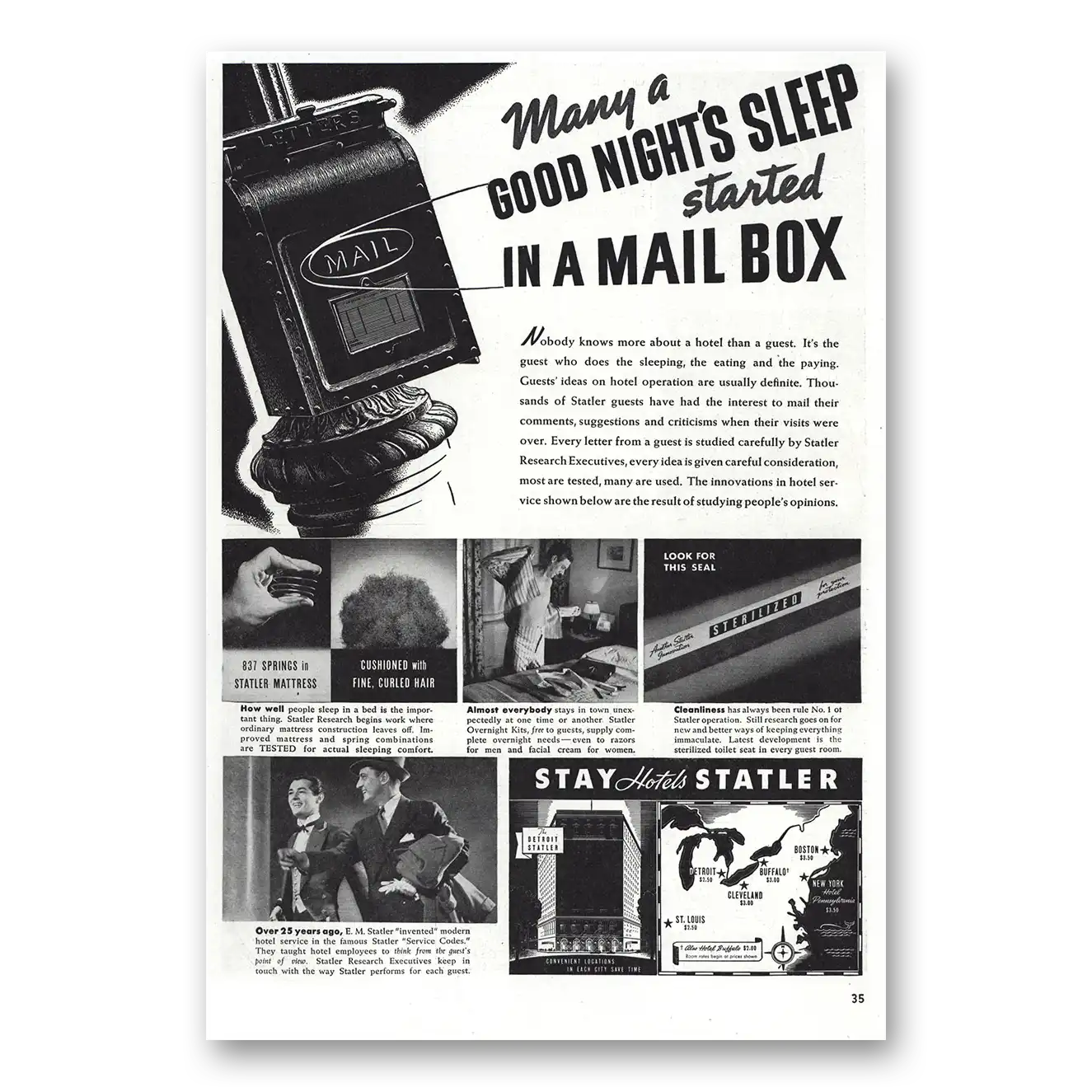 1938 Statler Hotels Good Nights Sleep Started In Mail Box Vintage Magazine Print Ad