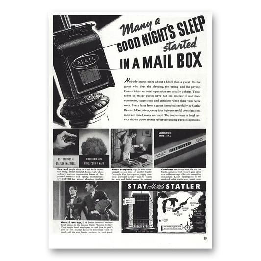 1938 Statler Hotels Good Nights Sleep Started In Mail Box Vintage Magazine Print Ad