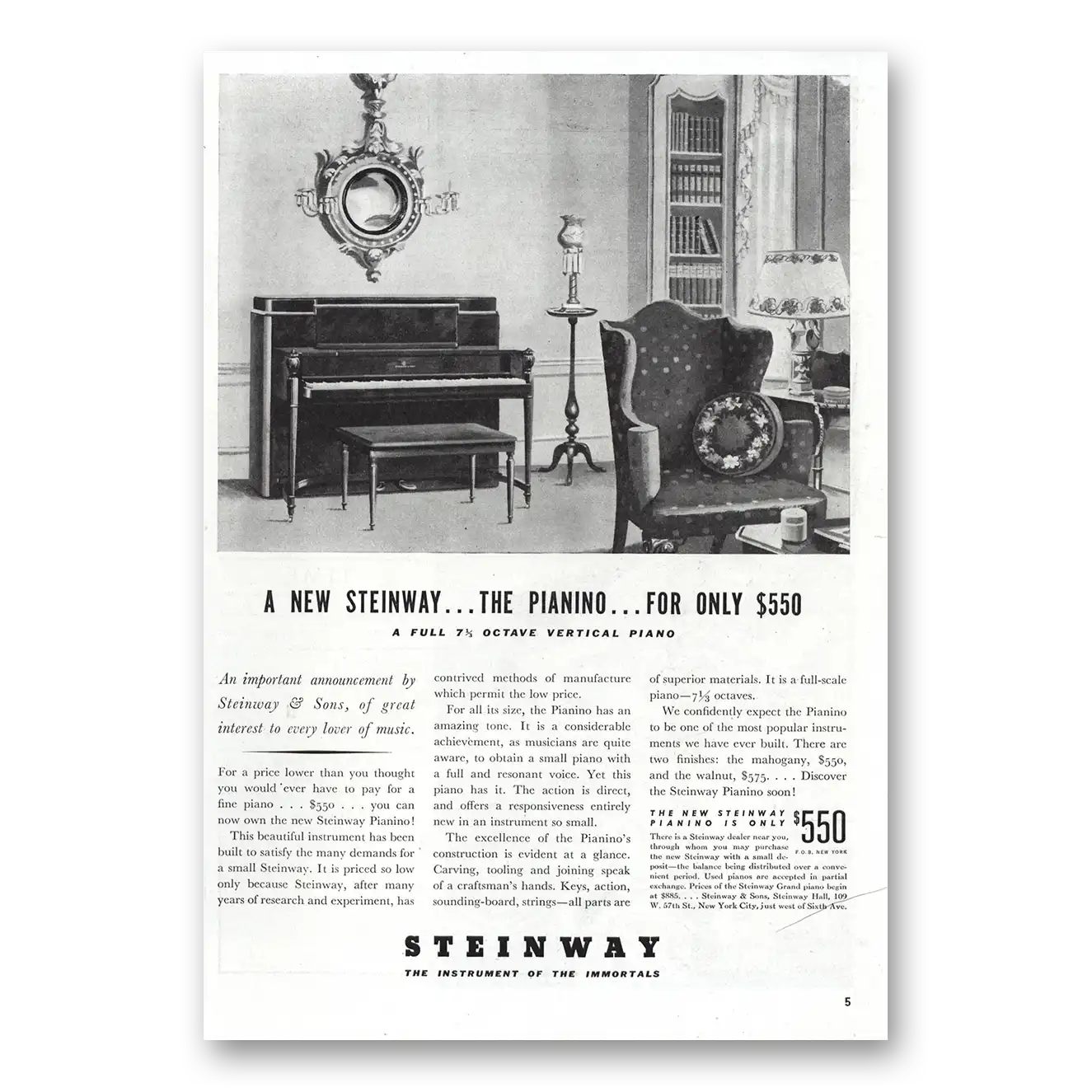 1938 Steinway Piano The Pianino Vintage Magazine Print Ad