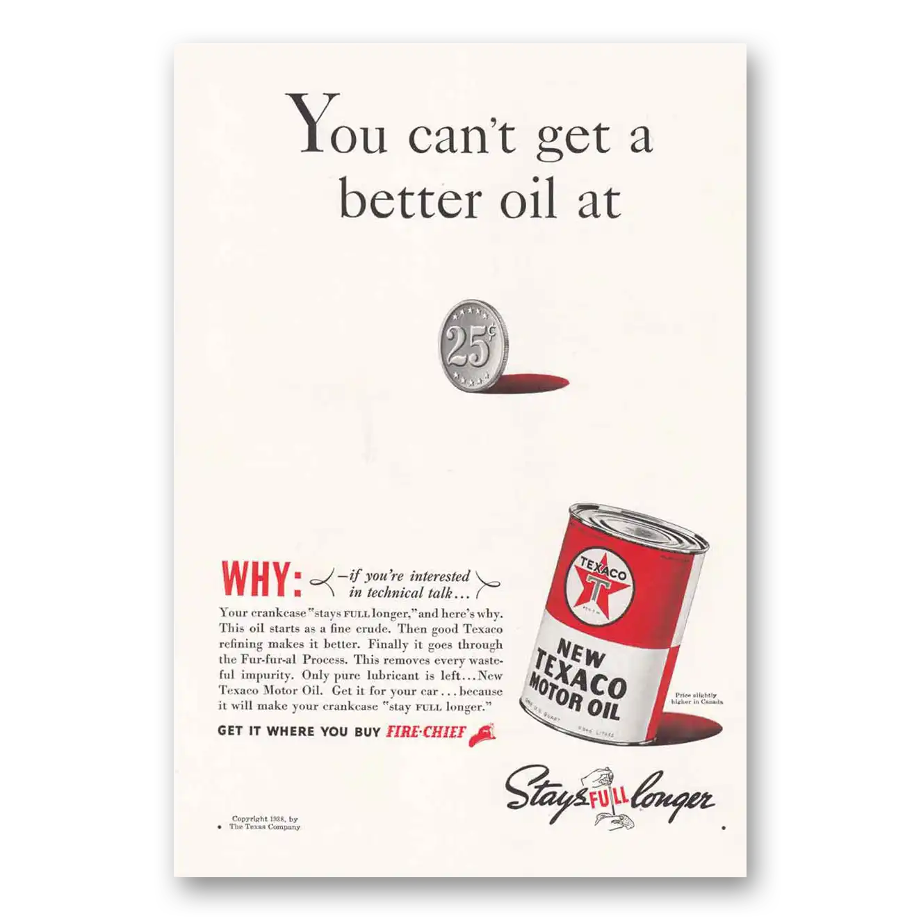 1938 Texaco Motor Oil You Can't Get a Better Oil Vintage Magazine Print Ad