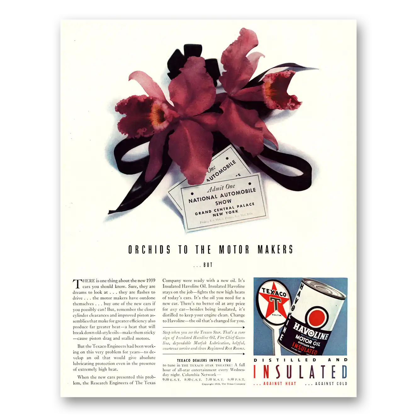 1938 Havoline Motor Oil Orchids to the Makers National Auto Show Vintage Magazine Print Ad