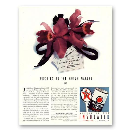 1938 Havoline Motor Oil Orchids to the Makers National Auto Show Vintage Magazine Print Ad