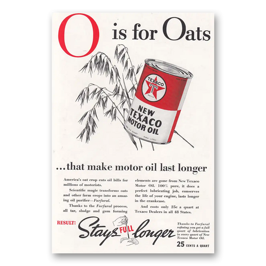 1938 Texaco Motor Oil O Is For Oats Vintage Magazine Print Ad