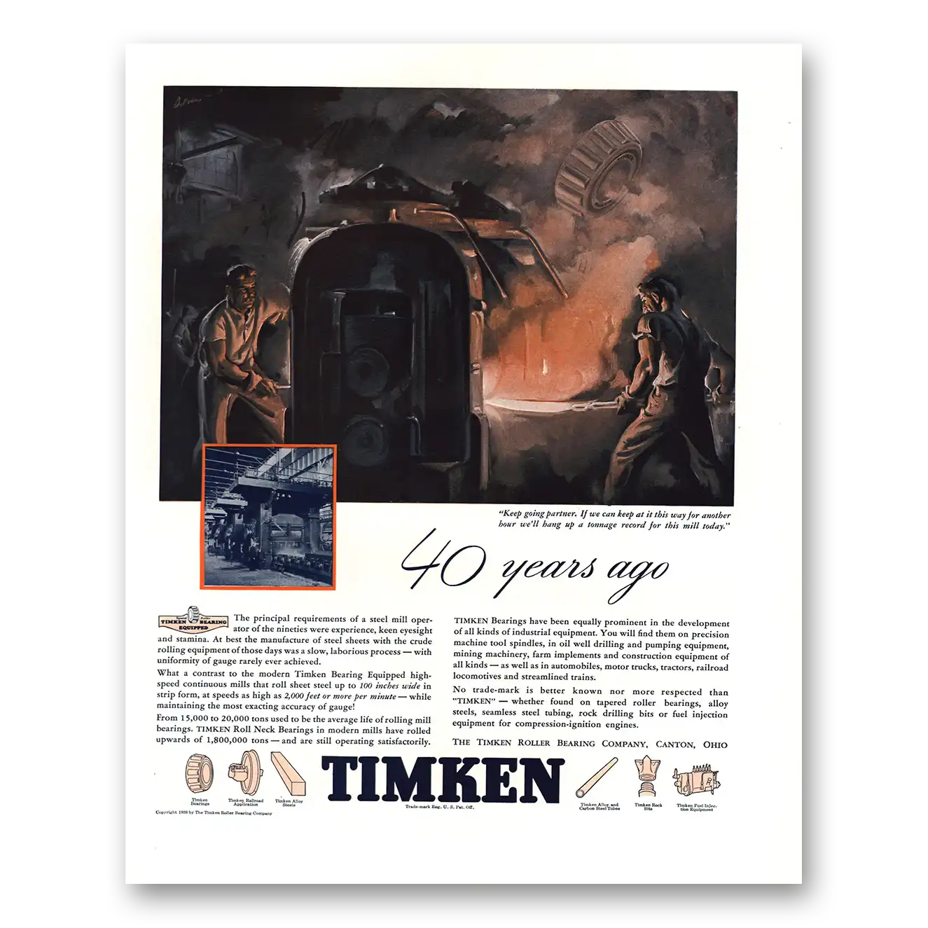 1938 Timken Roller Bearings Keep Going Partner 40 Years Ago Vintage Magazine Print Ad