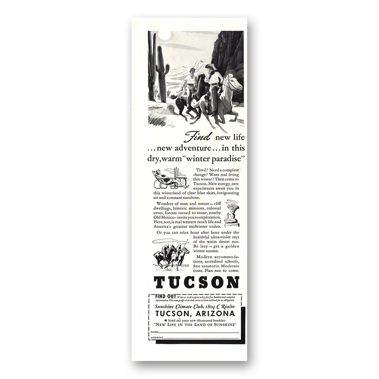 1938 Tucson Arizona Find New Life New Adventure Vintage Magazine Print Ad