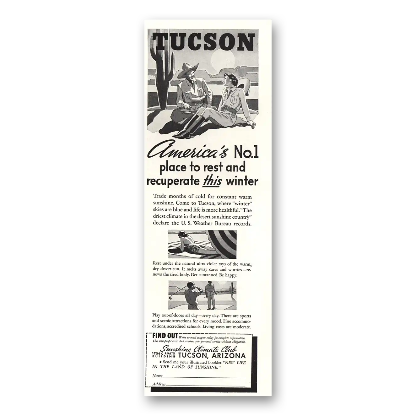 1938 Tucson Arizona Place to Rest and Recuperate Vintage Magazine Print Ad