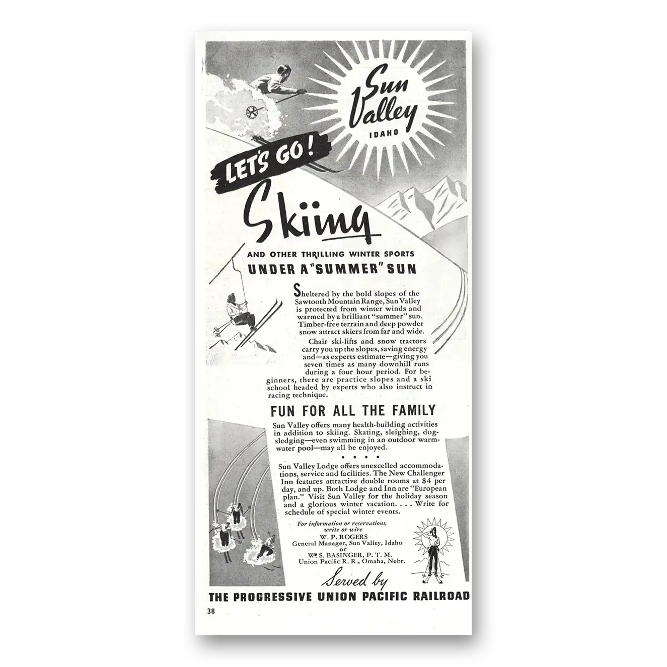 1938 Sun Valley Skiing Under Summer Sun Vintage Magazine Print Ad