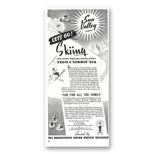 1938 Sun Valley Skiing Under Summer Sun Vintage Magazine Print Ad