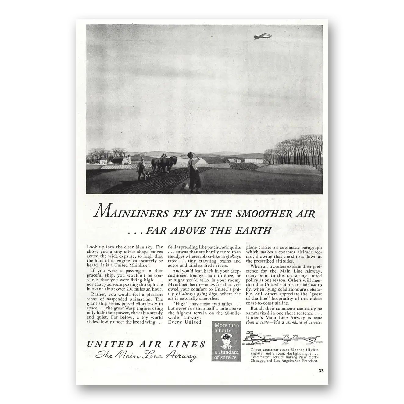 1938 United Airlines Mainliners Fly In Smoother Air Vintage Magazine Print Ad