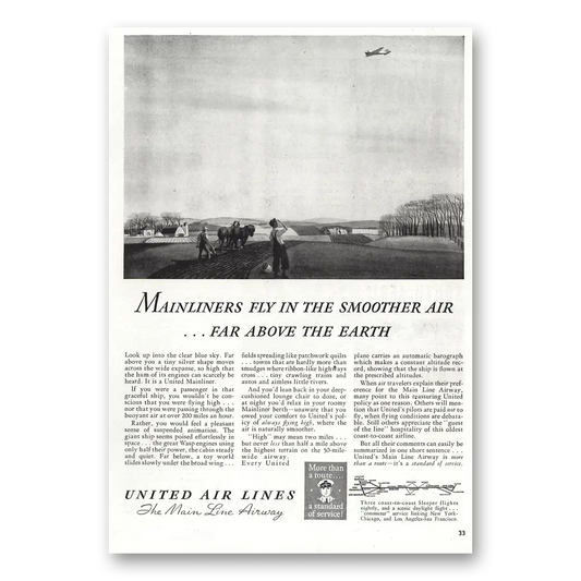 1938 United Airlines Mainliners Fly In Smoother Air Vintage Magazine Print Ad