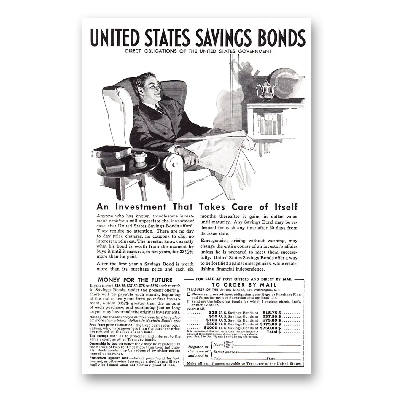 1938 United States Savings Bonds An Investment That Takes Care of Itself Vintage Magazine Print Ad