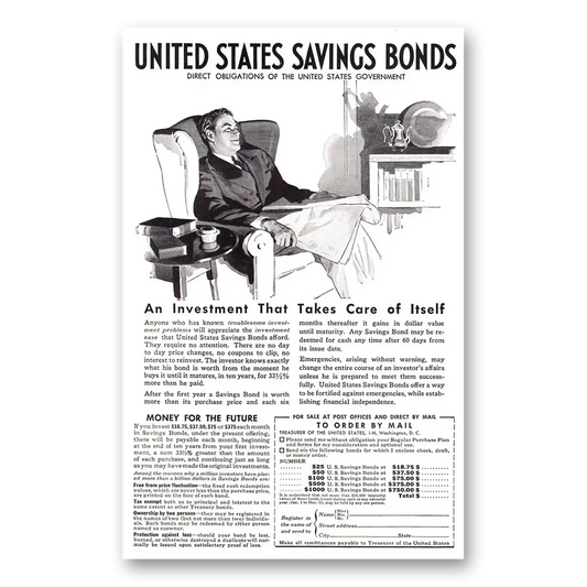 1938 United States Savings Bonds An Investment That Takes Care of Itself Vintage Magazine Print Ad