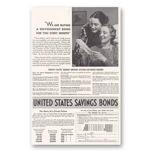 1938 United States Savings Bonds We Are Buying a Gove Vintage Magazine Print Ad