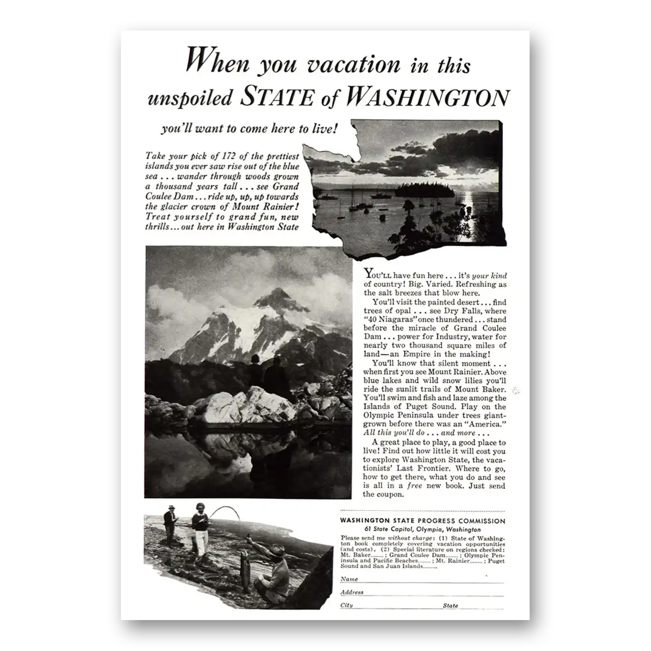 1938 Washington Unspoiled State of Washington Vintage Magazine Print Ad